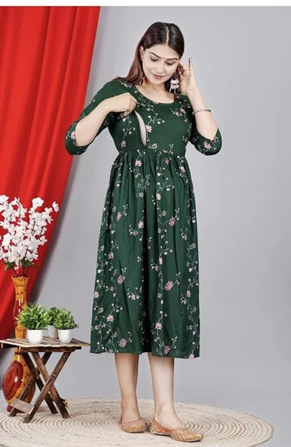Dark_Green_Rayon_Printed_Maternity_Gown_For_Women