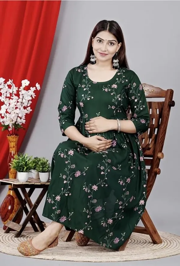Dark_Green_Rayon_Printed_Maternity_Gown_For_Women