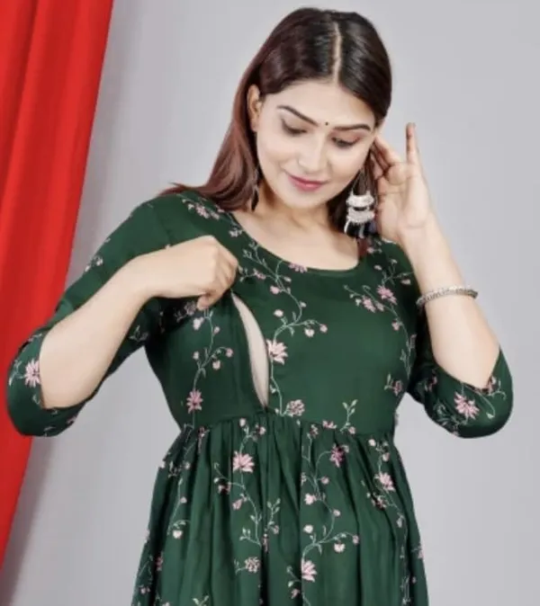 Dark_Green_Rayon_Printed_Maternity_Gown_For_Women