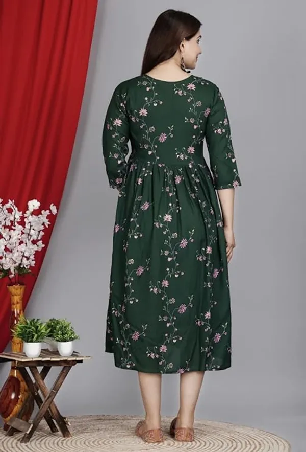 Dark_Green_Rayon_Printed_Maternity_Gown_For_Women