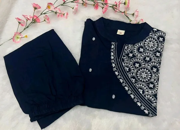 Blue_Rayon_Embroidery_Kurti_With_Pant_For_Women
