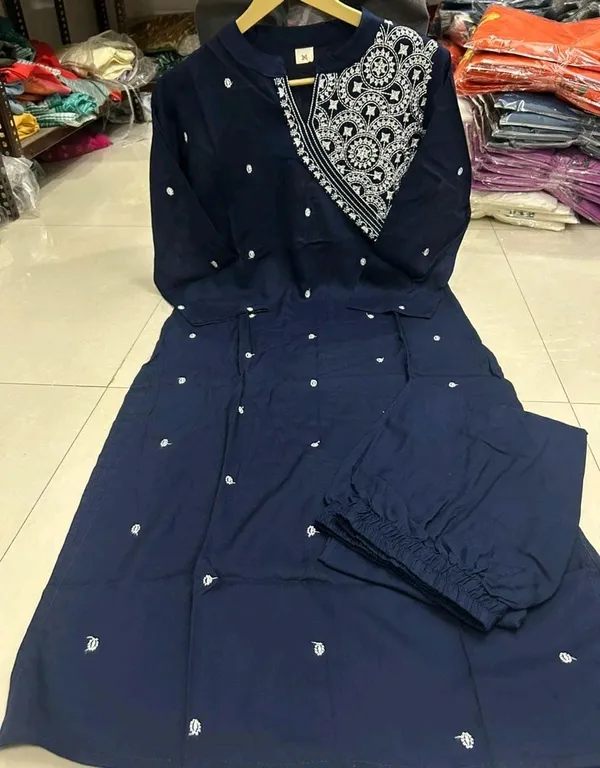Blue_Rayon_Embroidery_Kurti_With_Pant_For_Women