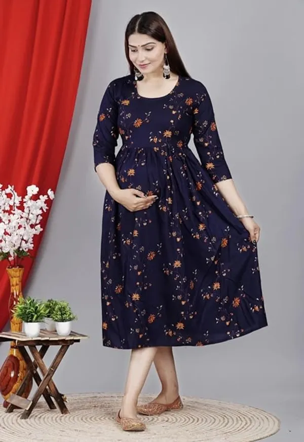 Navy_Blue_Rayon_Printed_Maternity_Gown_For_Women