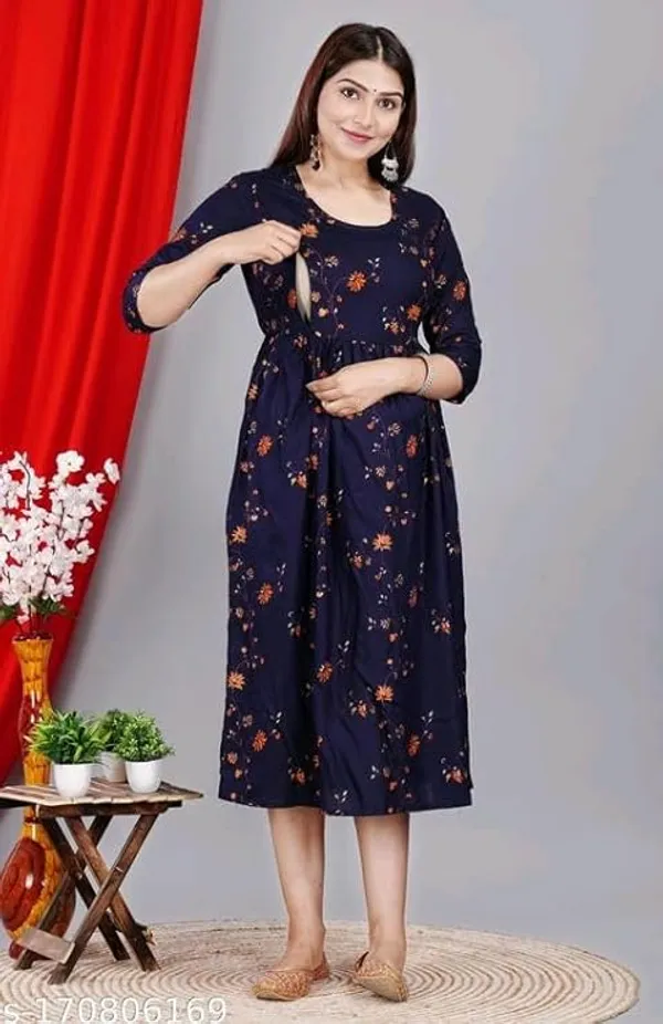 Navy_Blue_Rayon_Printed_Maternity_Gown_For_Women