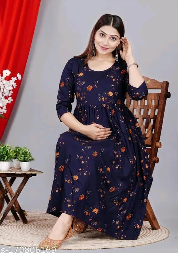 Navy_Blue_Rayon_Printed_Maternity_Gown_For_Women