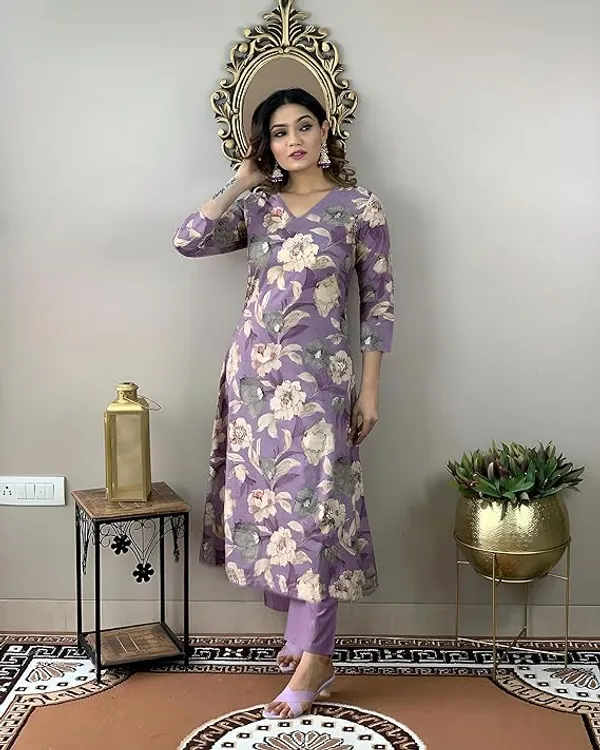 Lavender_Rayon_Printed_Kurti_With_Pant_For_Women