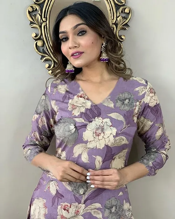 Lavender_Rayon_Printed_Kurti_With_Pant_For_Women