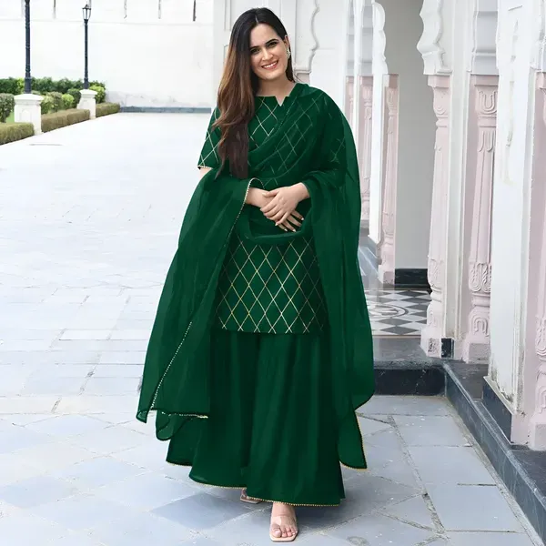 Dark_Green_Rayon_Kurti_&_Sharara_With_Dupatta_For_Women