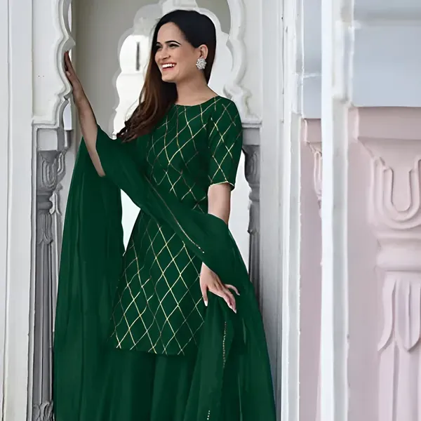 Dark_Green_Rayon_Kurti_&_Sharara_With_Dupatta_For_Women