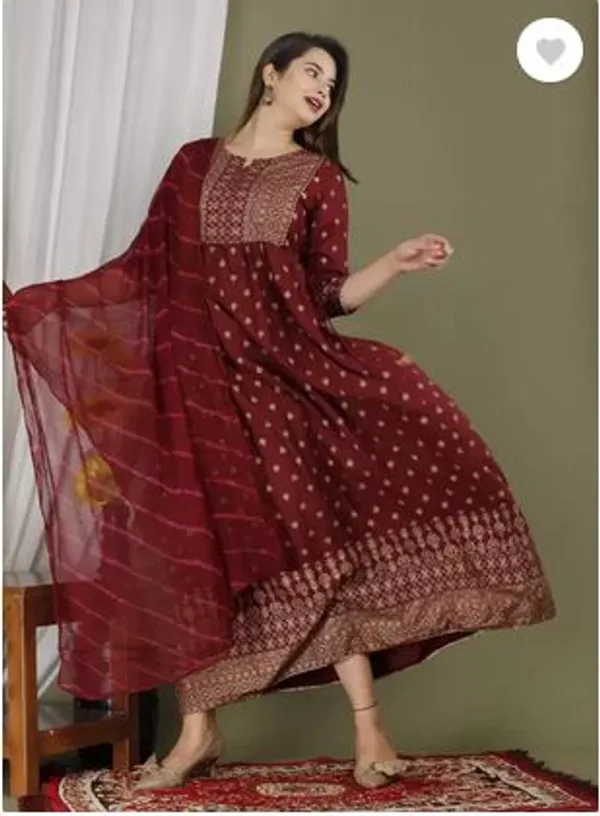 Maroon_Rayon_Long_Printed_Gown_With_Dupatta_For_Women