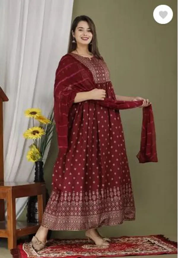 Maroon_Rayon_Long_Printed_Gown_With_Dupatta_For_Women