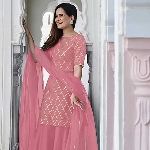 Peach_Rayon_Kurti_&_Sharara_With_Dupatta_For_Women