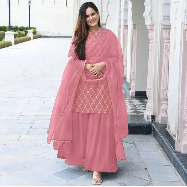 Peach_Rayon_Kurti_&_Sharara_With_Dupatta_For_Women