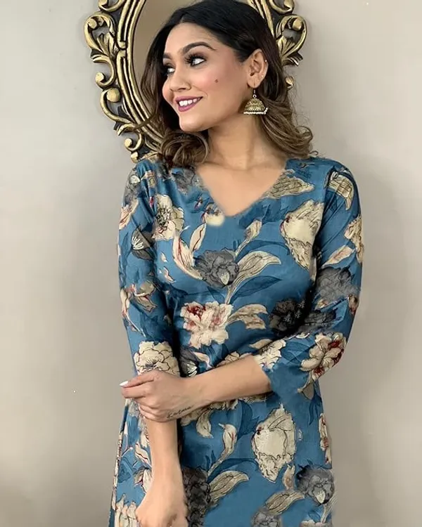 Blue_Rayon_Printed_Kurti_With_Pant_For_Women