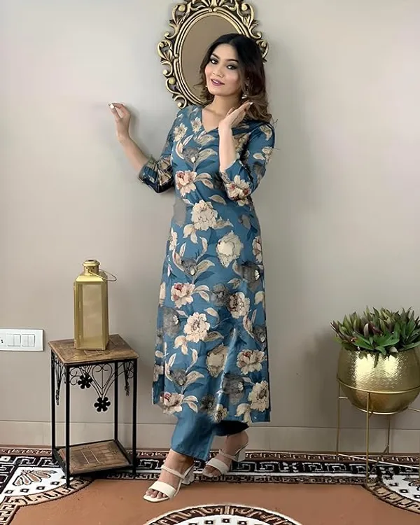 Blue_Rayon_Printed_Kurti_With_Pant_For_Women