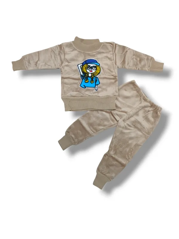 Khaki_Cartoon_Face_Embroidered_Sweater_With_Pant_Set_|_For_Baby_Girls_&_Boys
