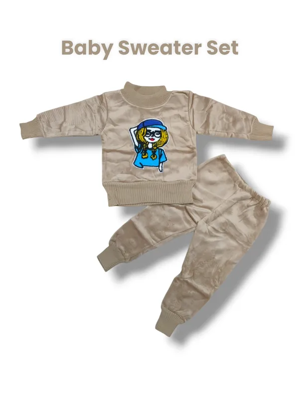 Khaki_Cartoon_Face_Embroidered_Sweater_With_Pant_Set_|_For_Baby_Girls_&_Boys