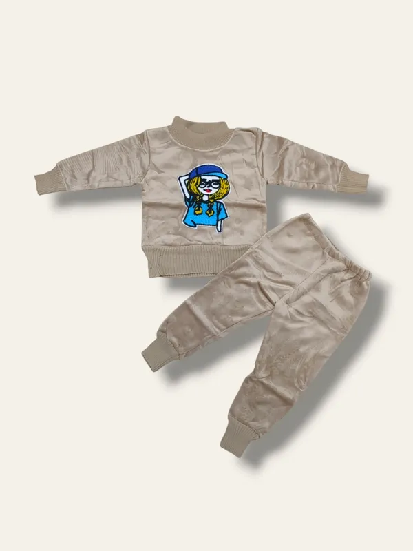 Khaki_Cartoon_Face_Embroidered_Sweater_With_Pant_Set_|_For_Baby_Girls_&_Boys