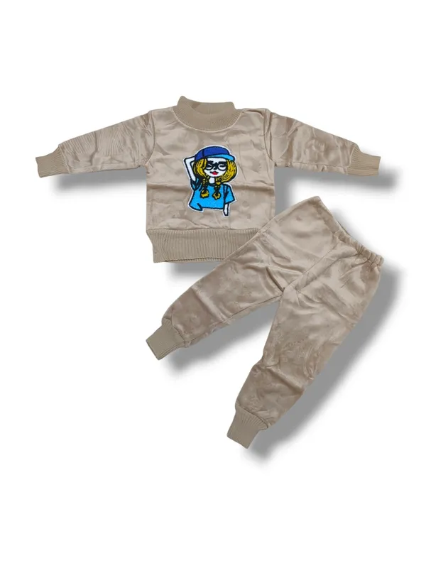 Khaki_Cartoon_Face_Embroidered_Sweater_With_Pant_Set_|_For_Baby_Girls_&_Boys
