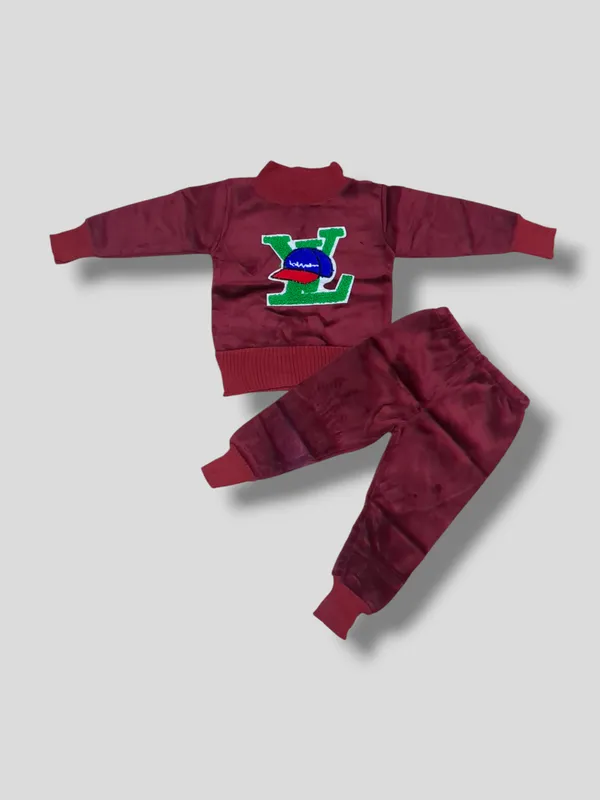 Maroon_Cartoon_Face_Embroidered_Sweater_With_Pant_Set_|_For_Baby_Girls_&_Boys