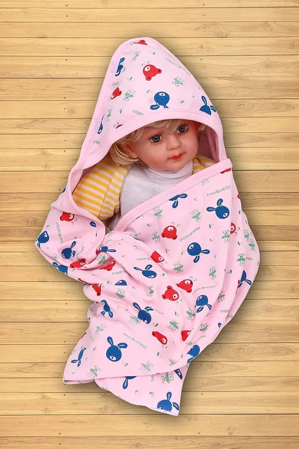 White_Soft_Cotton_Hooded_Wrapper_Cum_Warm_Blanket_|_For_Newborn_Baby_|_75X75Cm