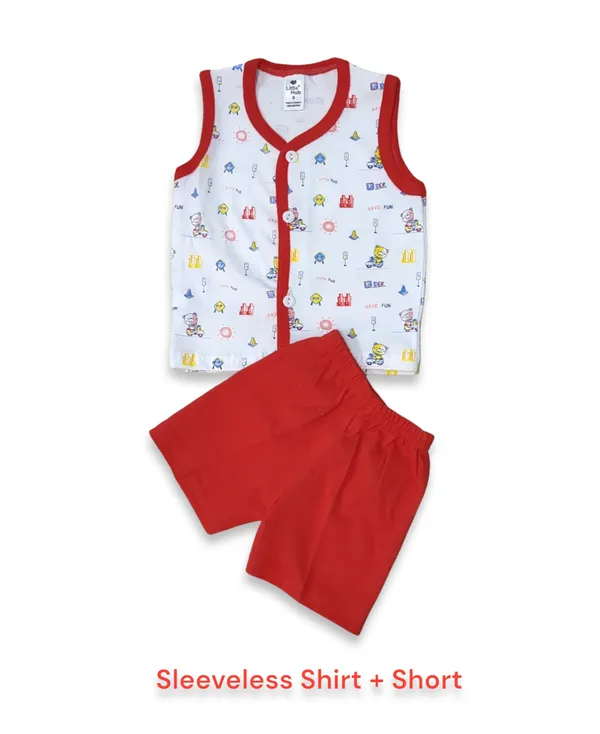 Set_of_2_Red_Cotton_Front_Open_Shirt_With_Shorts_Set_For_Babies