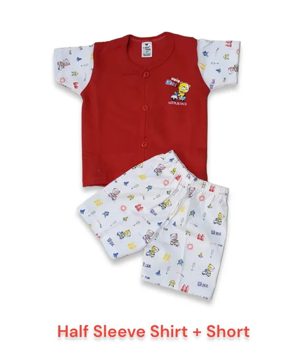 Set_of_2_Red_Cotton_Front_Open_Shirt_With_Shorts_Set_For_Babies