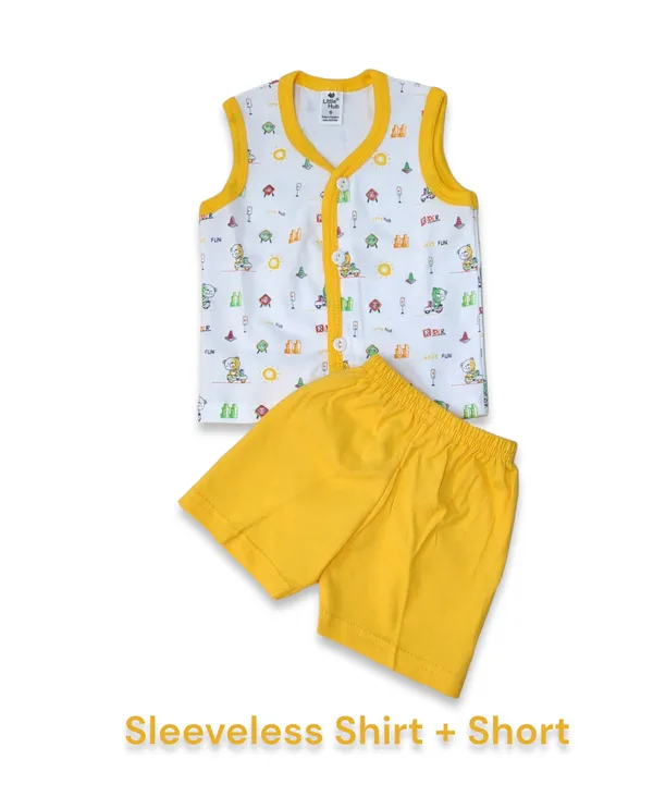 Set_of_2_Yellow_Cotton_Front_Open_Shirt_With_Shorts_Set_For_Babies