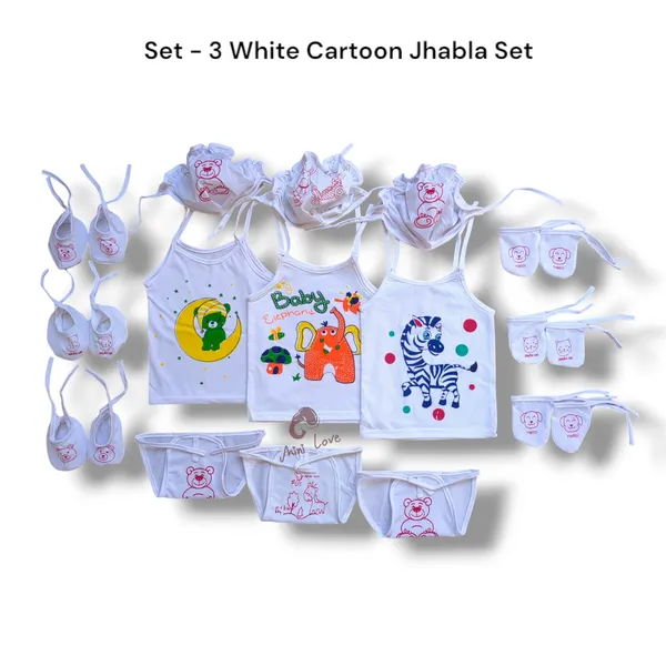 Set_Of_3_White_Cartoon_Printed_Jhabla_Set_|_Jhabla,_Cap,_Nappy,_Mittens_Pair_And_Booties