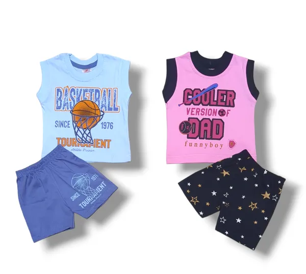Set_of_2_Multicolor_Cotton_Sleeveless_T-Shirt_With_Shorts_|_For_Baby_Boys_&_Girls