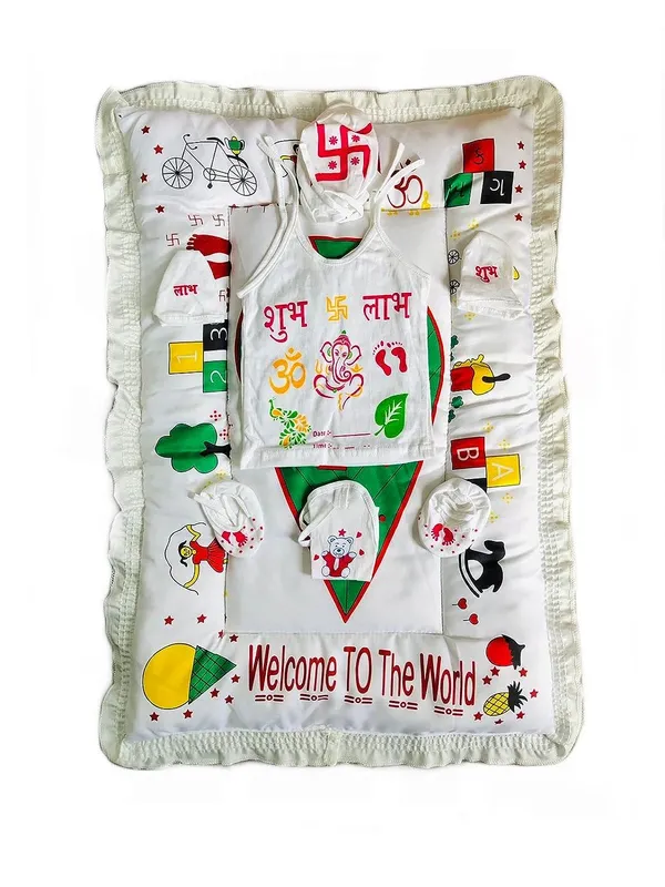 White_Hosiery_Cloth_Set_|_For_Naming_Ceremony_|_Jhabla,_Mittens,_Booties,_Cap,_Nappy_and_Mattress