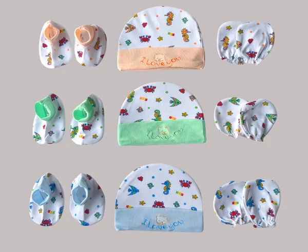 Pack_of_3_Multicolor_Cotton_Caps_With_Mittens_&_Booties_Set_|_For_Newborn_Infant_Baby