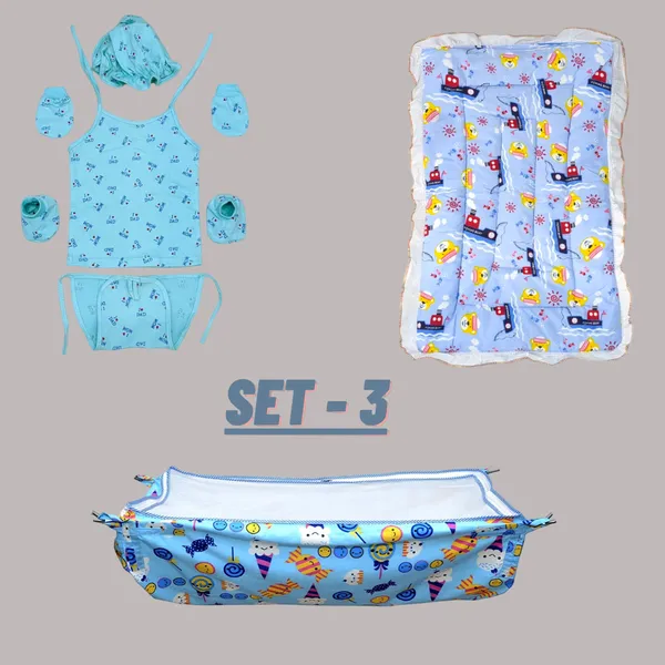 Set_of_3_Blue_Hosiery_Cloth_Set_|_For_Naming_Ceremony_|_Jhabla_Set,_Mattress,_Baby_Cradle_Swing
