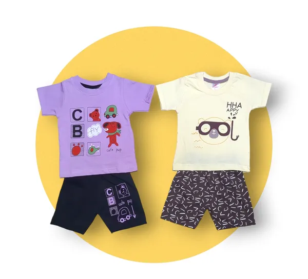 Set_of_2_Multicolor_Cotton_Half_Sleeve_T-Shirt_With_Shorts_Set_|_For_Baby_Boys_&_Girls