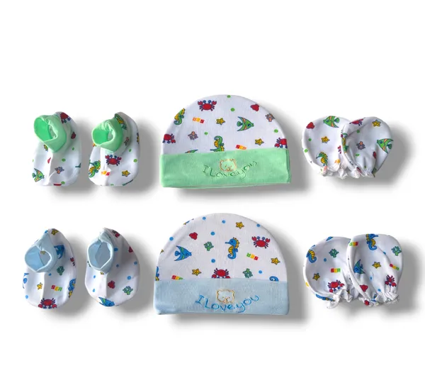Set_of_2_Multicolor_Cotton_Caps_With_Mittens_&_Booties_Set_|_For_Newborn_Infant_Baby