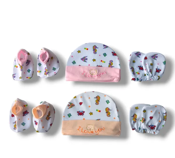 Set_of_2_Multicolor_Cotton_Caps_With_Mittens_&_Booties_Set_|_For_Newborn_Infant_Baby