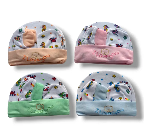 Set_of_2_Multicolor_Cotton_Caps_With_Mittens_&_Booties_Set_|_For_Newborn_Infant_Baby