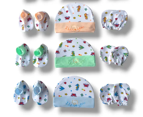 Pack_of_3_Multicolor_Cotton_Caps_With_Mittens_&_Booties_Set_|_For_Newborn_Infant_Baby