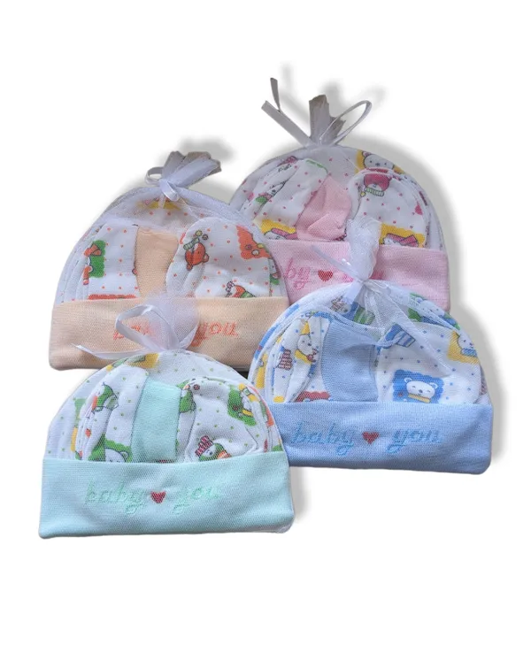 Pack_of_3_Multicolor_Cotton_Caps_With_Mittens_&_Booties_Set_|_For_Newborn_Infant_Baby