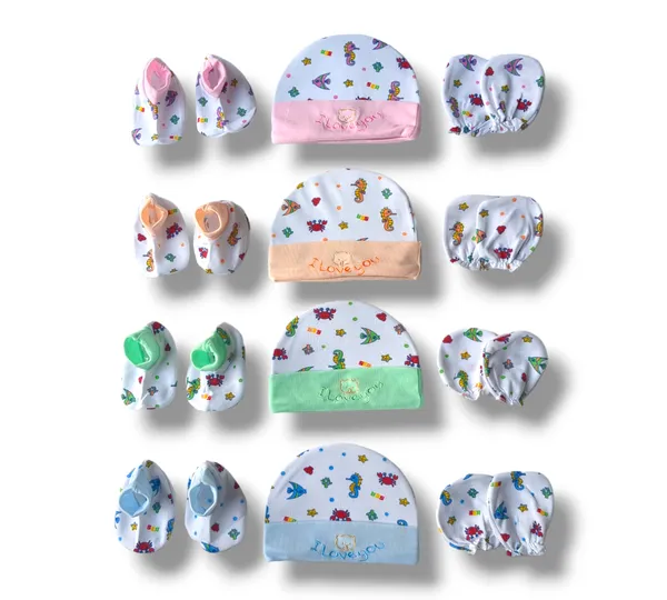 Set_of_4_Multicolor_Cotton_Caps_With_Mittens_&_Booties_Set_|_For_Newborn_Infant_Baby