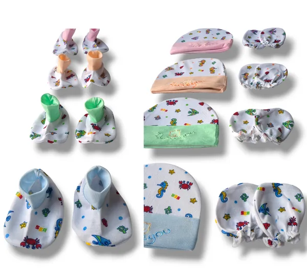 Set_of_4_Multicolor_Cotton_Caps_With_Mittens_&_Booties_Set_|_For_Newborn_Infant_Baby