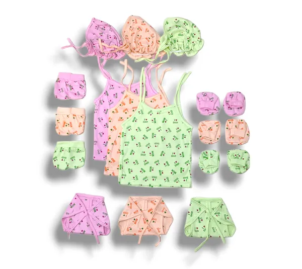 Set_of_3_Multicolor_Cotton_Hosiery_Cloth_Set_|_For_Naming_Ceremony_|_Jhabla,_Booties,_Mittens,_Caps,_Nappies_&_Sleeping_Bed