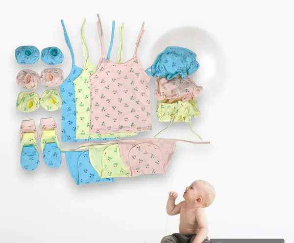Set_of_3_Multicolor_Cotton_Hosiery_Cloth_Set_|_For_Naming_Ceremony_|_Jhabla,_Booties,_Mittens,_Caps,_Nappies_&_Sleeping_Bed