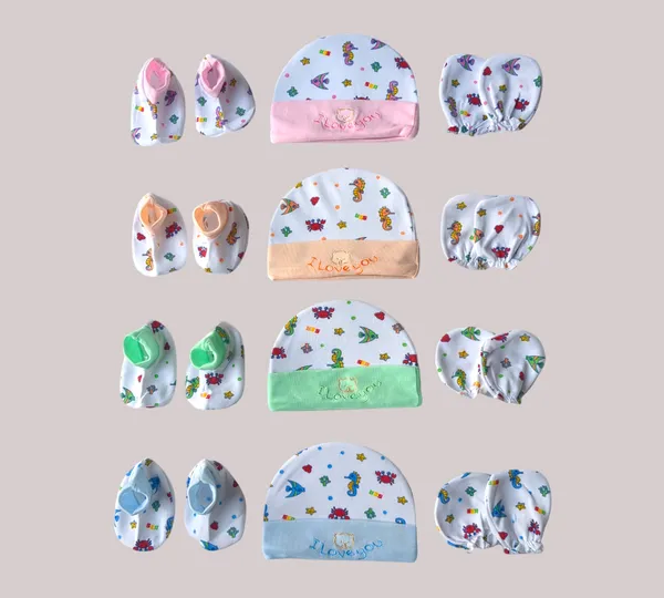 Set_of_4_Multicolor_Cotton_Caps_With_Mittens_&_Booties_Set_|_For_Newborn_Infant_Baby