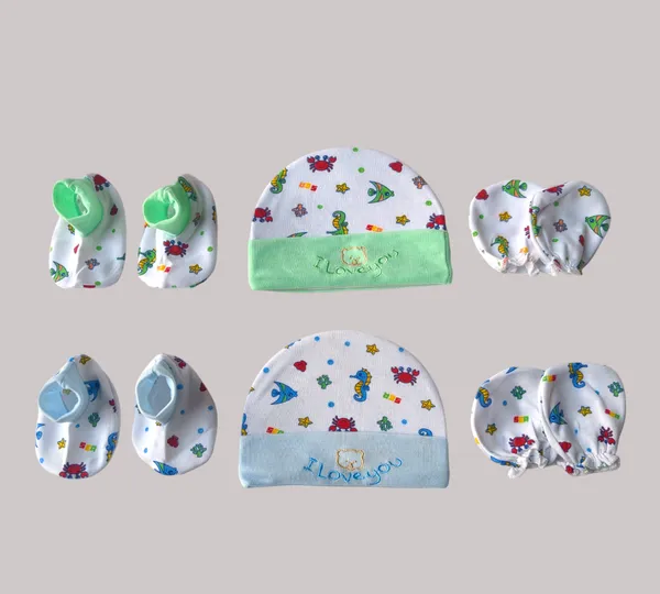 Set_of_2_Multicolor_Cotton_Caps_With_Mittens_&_Booties_Set_|_For_Newborn_Infant_Baby