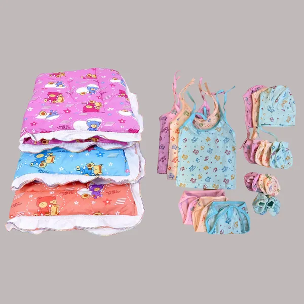 Set_of_3_Multicolor_Cotton_Hosiery_Cloth_Set_|_For_Naming_Ceremony_|_Jhabla,_Booties,_Mittens,_Caps,_Nappies_&_Sleeping_Bed