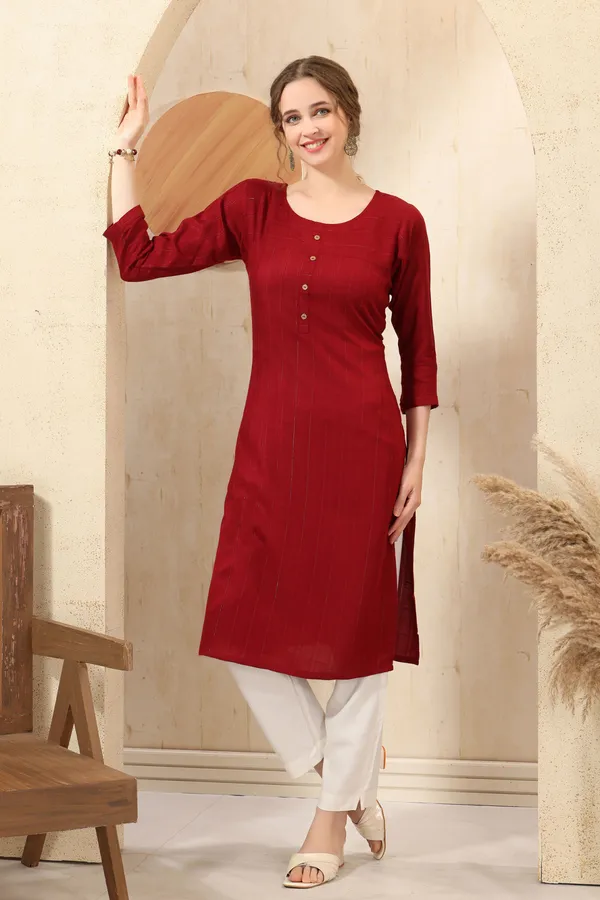 MAROON_RAYON_LONG_KURTA_WITH_SILVER_STRIPES