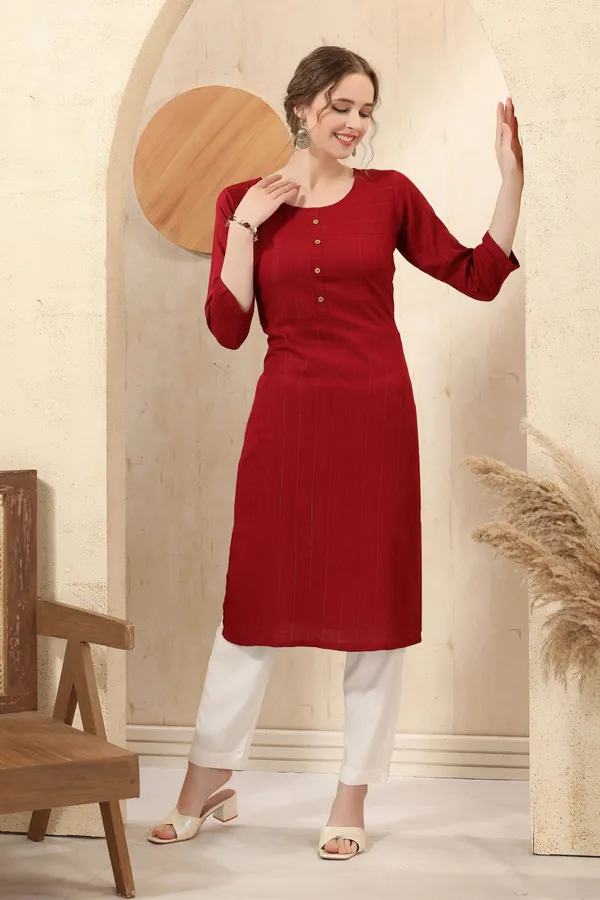 MAROON_RAYON_LONG_KURTA_WITH_SILVER_STRIPES