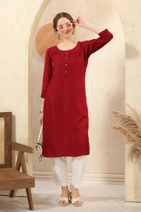MAROON_RAYON_LONG_KURTA_WITH_SILVER_STRIPES