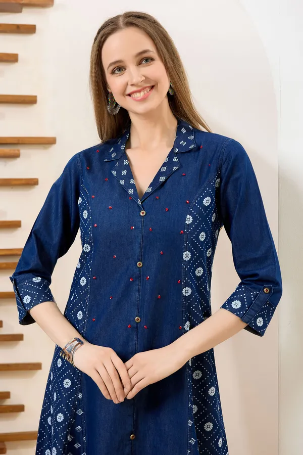 Exclusive_Denim_Blue_A_Line_Indo_Western_Dress_With_Coat_Collar
